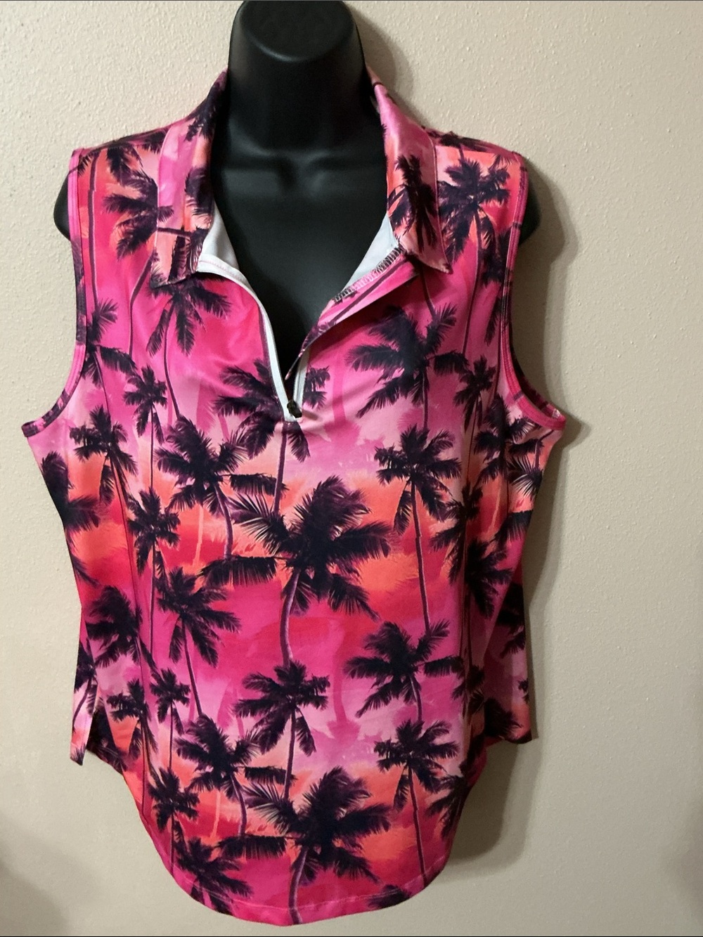 Aodite Pink Palm-Print Sleeveless Polo Tank